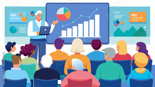 In a room filled with charts and graphs attendees were presented with data on the projected increase of the aging population and its implications for society.. Vector illustration