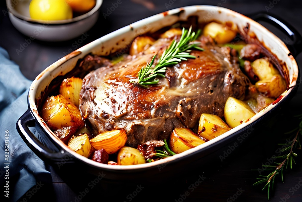 Easter. Roasted Lamb with potatoes and rosemary in baking dish.