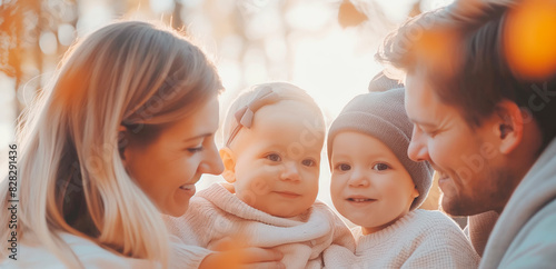 A family with two young children, captured in a warm, natural light setting, reflecting love and happiness. Generative AI