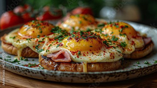 Eggs Benedict with ham on a plate.