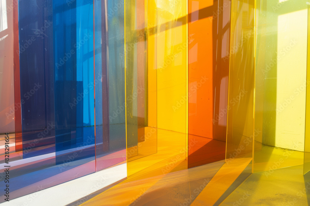 A series of colorful glass panels are arranged in a row A series of colorful glass panels are arranged in a row