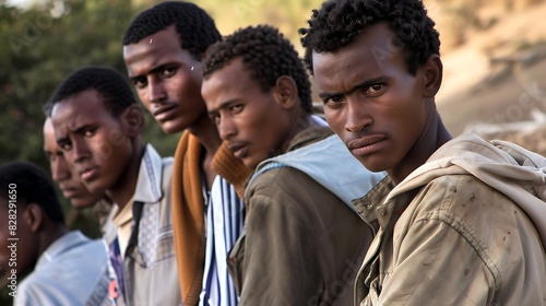 Young men of Eritrea. Eritrean men.A group of young men looking intently towards the camera with a serious expression in an outdoor setting.  photo