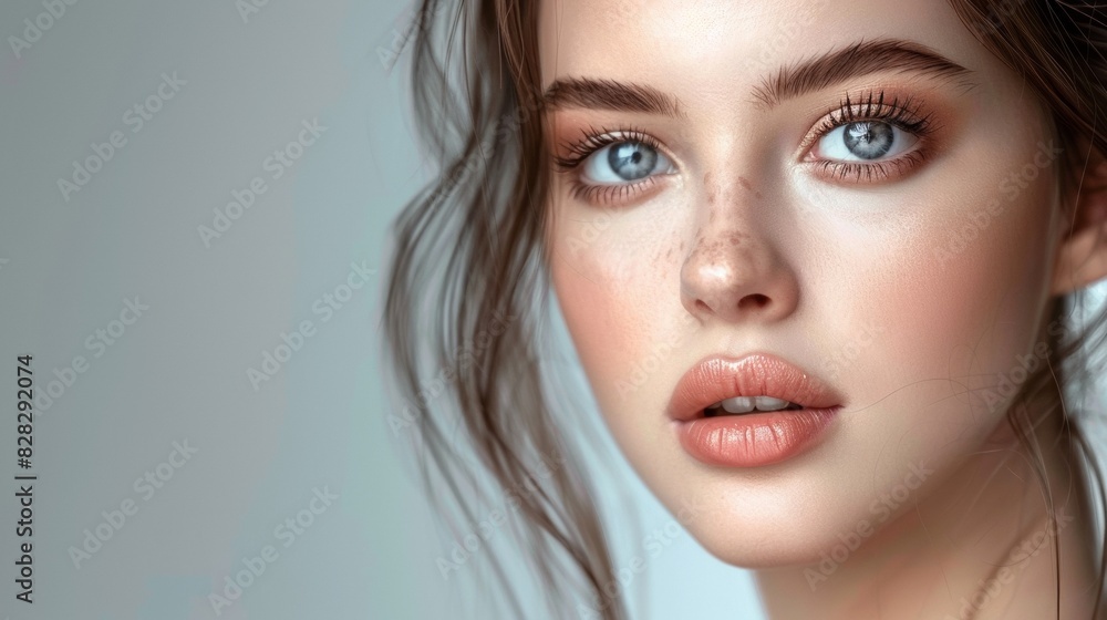 Close-up portrait of a healthy woman. Skin care, cosmetics, makeup, complexion and face lifting. Attractive face of a beautiful girl. Copyspace. Close-up portrait of a healthy woman. Skin care, cosmetics, makeup, complexion and face lifting. Attractive face of a beautiful girl. Copyspace.
