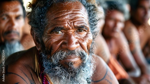 Old aborginal men of Australia. Australian men.A portrait of an elderly man with a weathered face and bright eyes, displaying cultural and traditional marks, with blurred people in the background. 