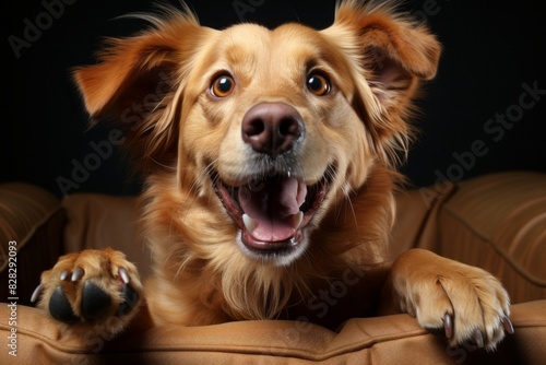 Portrait of a red dog with paws extended forward