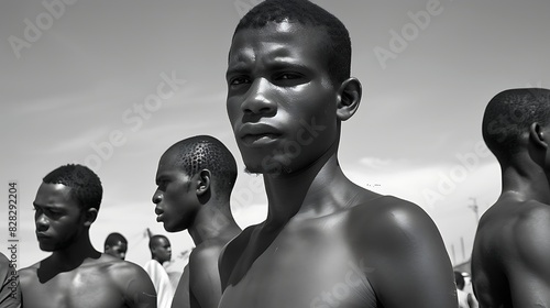 Young men of Angola. Angolan men.A group of young men standing together with a focused gaze in a monochrome setting  photo