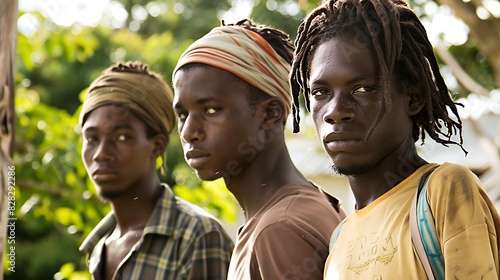 Young men of Barbados. Barbadian men.Three individuals with serious expressions standing outdoors with a natural background.  photo