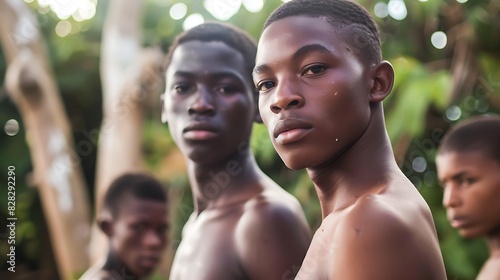 Young men of Barbados. Barbadian men.A group of young men standing outdoors with a focus on one looking at the camera with confidence 