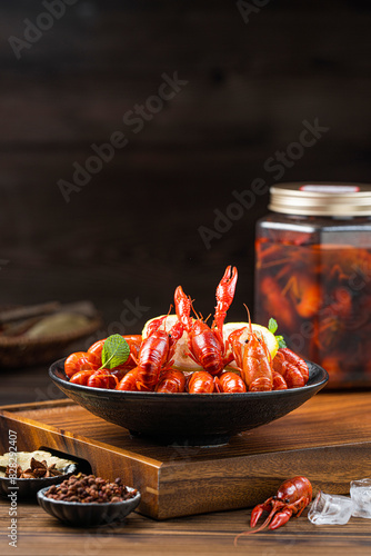 Close-up of spicy crayfish on table, indoor shot