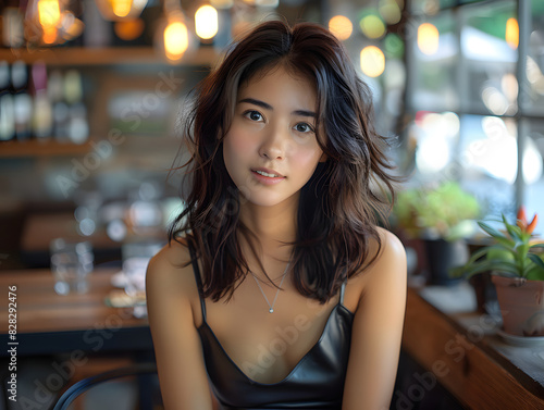 A beautiful Asian woman with long hair in a restaurant.