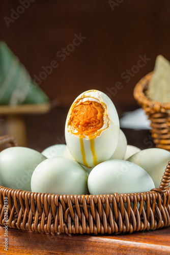 Detailed view of cut salted duck egg, pickled duck egg
