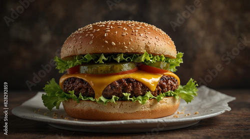 A cheeseburger with lettuce, tomato, and pickles on a sesame seed bun.