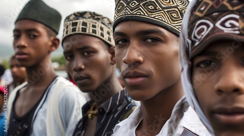 Young men of Comoros. Comoran men.A group of young men wearing traditional African hats, looking intently towards the camera in an outdoor setting.  photo