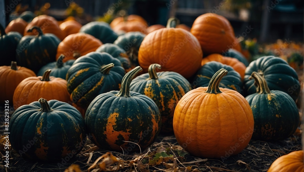 Organic pumpkins at outdoor farmers market. Autumn farm and harvest concept. Organic farming and eco food. Pumpkins for Halloween decor. Organic pumpkins at outdoor farmers market. Autumn farm and harvest concept. Organic farming and eco food. Pumpkins for Halloween decor.