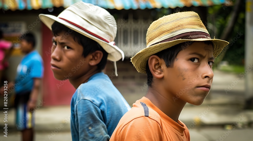 Young men of Panama. Panamanian men.Two young boys wearing straw hats looking pensive and serious in a rural setting. 