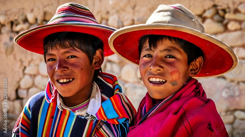 Young men of Peru. Peruvian men.Two smiling children wearing colorful traditional clothing and hats with a natural outdoor background. 