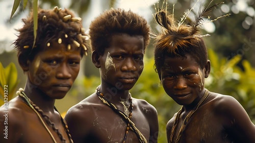 Young men of Papua New Guinea. New Guinean men.Three young indigenous people wearing traditional attire with painted faces stand together in a natural setting. 