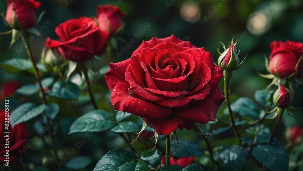 A stunning backdrop of red rose flowers adorning a garden bush showcasing their vibrant beauty A single red rose flower exuding its exquisite charm. A stunning backdrop of red rose flowers adorning a garden bush showcasing their vibrant beauty A single red rose flower exuding its exquisite charm.