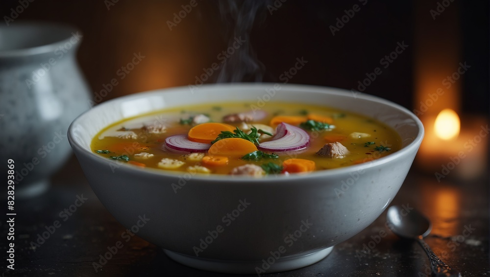 A white plate displaying a colorful and steamy bowl of soup. A white plate displaying a colorful and steamy bowl of soup.