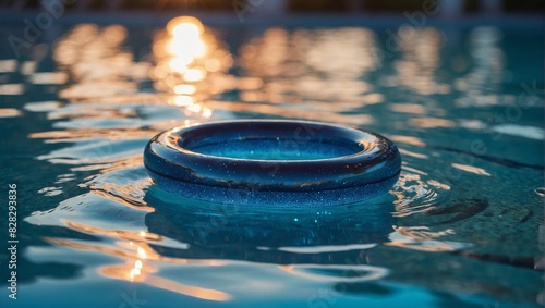 A vibrant rubber ring lazily drifts in the cool blue waters of a sparkling swimming pool under the warm summer sun setting the scene for a tranquil moment of Summer Reflections.