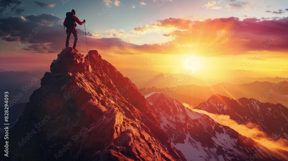 A male climber celebrates success at the top of a mountain in a majestic sunrise A male climber celebrates success at the top of a mountain in a majestic sunrise