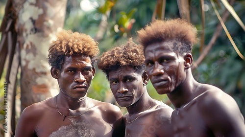 Young men of Solomon Islands. Solomon Island men.Three men with traditional hairstyles posing in a natural setting with a serious expression 