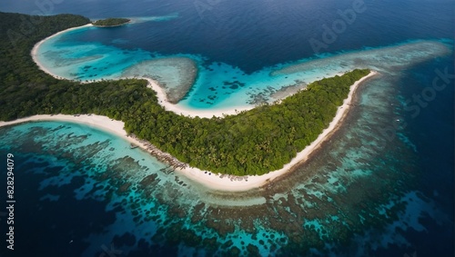 Fototapeta Naklejka Na Ścianę i Meble -  Aerial view tropical beach island reef caribbean sea. Indonesia Moluccas archipelago, Banda Islands, Pulau Ay. Top travel tourist destination, best diving snorkeling.