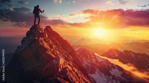 A male climber celebrates success at the top of a mountain in a majestic sunrise © ORG