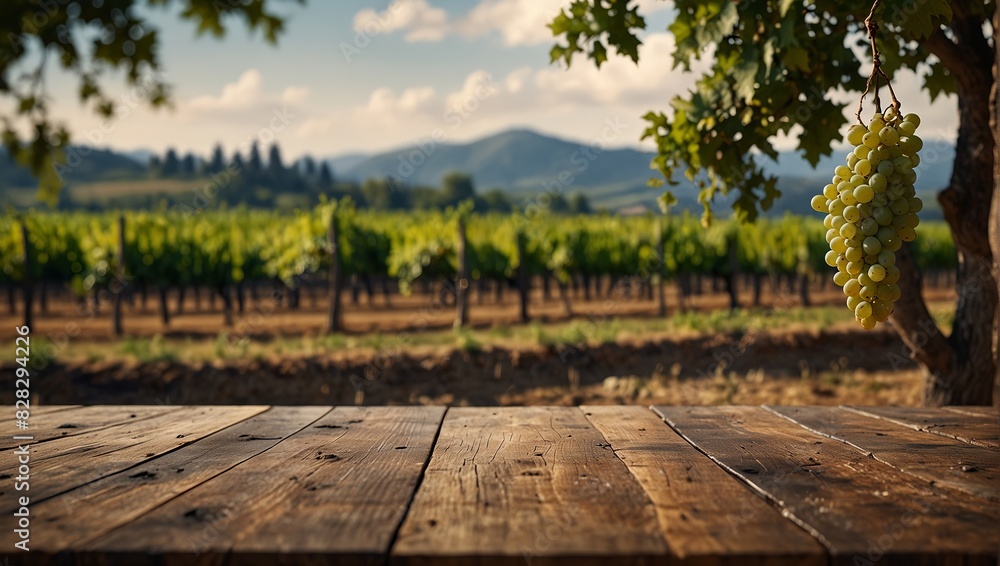 An empty wooden table for product display. blurred french vineyard in the background.