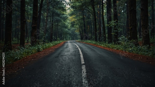 An endless closed curvy road in the middle of a forest with trees,.