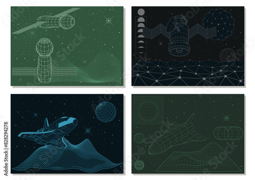 Retro Computer 3D Graphic Style Vector Posters, Illustrations. Spacecrafts, Digital Objects, Mesh, Grid, Planets