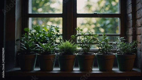 Beautiful green plants in pots on the shelves in room with window. generation Generative.