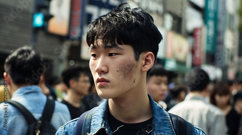 Young men of South Korea. South Korean men.A young man with a contemplative expression stands out in a busy urban crowd. 