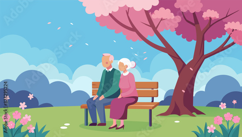 An elderly couple shares a quiet moment together on a bench under a blooming cherry blossom tree in the community garden admiring their hard work and the beauty of nature around. Vector illustration