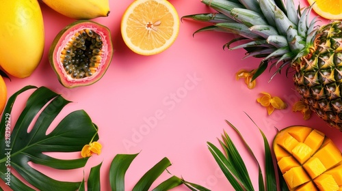 exotic summer fruits  papaya  pineapple  lemon  yellow mango and passion fruit on pink background.background