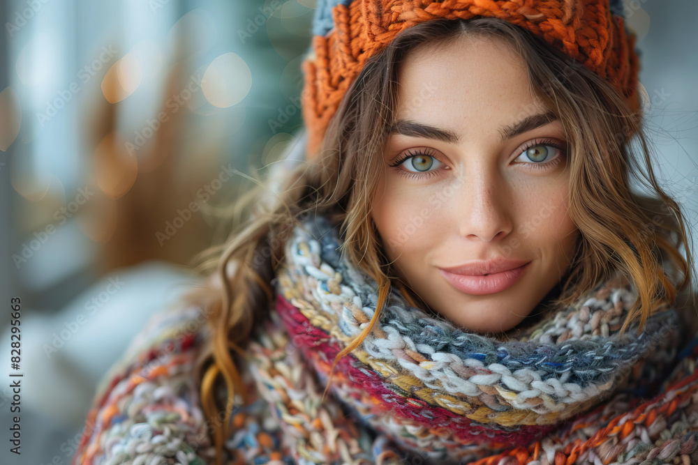 portrait of a woman in a scarf and wearing a winter cap and mafral portrait of a woman in a scarf and wearing a winter cap and mafral