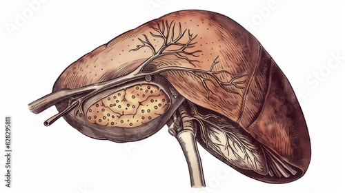 Vintage illustration of the liver with delicate pen strokes.academy,Full color, aesthetic,isolated on white background, illustration