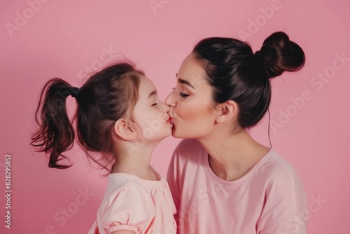 Happy fun adorable lovely woman wearing casual clothes with child kid girl 6-7 years old. Daughter kissing mother cheek.