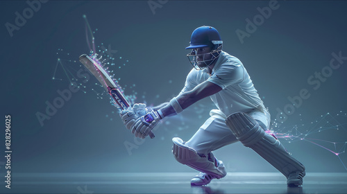 Cricket player batsman doing a pose with a bat shot. technology elements sci fi. Generative AI.