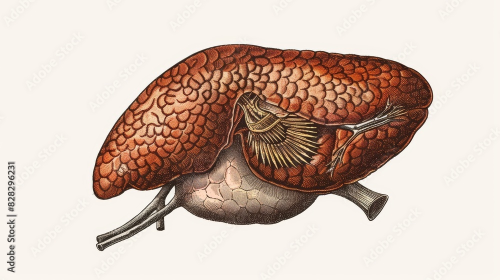 Obraz premium Retro illustration of the liver with delicate cross-hatching.academy,Full color, aesthetic,isolated on white background, illustration