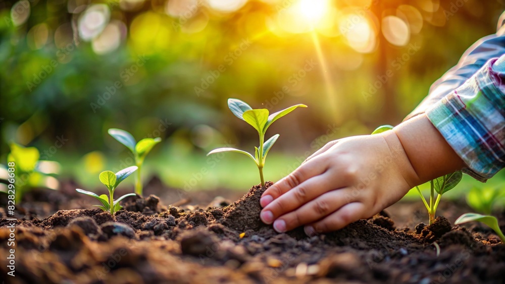 Fototapeta premium A Children Hand Gently the Soil and Sprouting Plants.