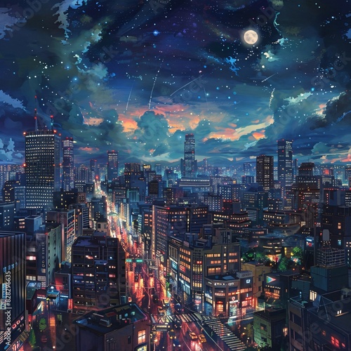 Urban Nightscape with City Lights and Streetlights, Illustrated in a Digital Art Style