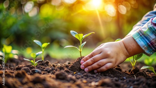 A Children Hand Gently the Soil and Sprouting Plants.