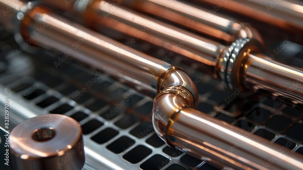 Naklejka premium Aluminum radiator with copper heat pipes close up isolated Clean copper tubing prepared for efficient heat transfer