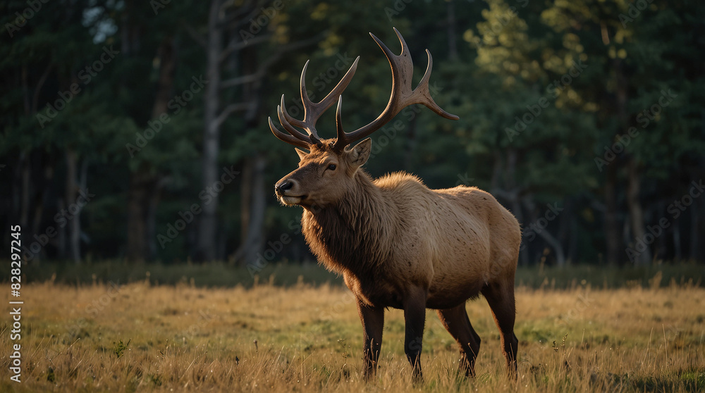 A large elk stands in a field, looking to the right.