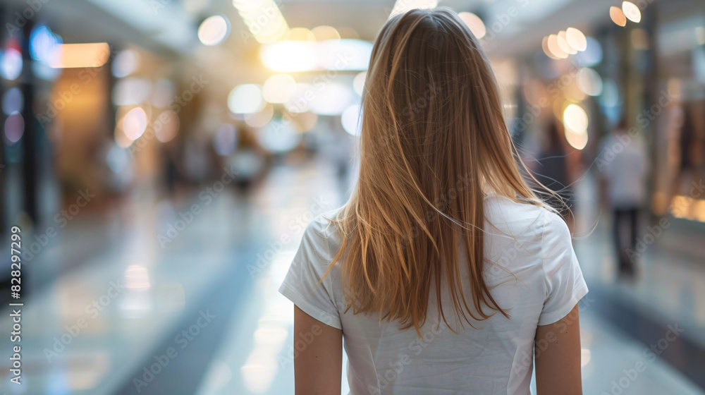 Fototapeta premium Woman walking in shopping mall. Back view of young woman with long hair walking in shopping mall