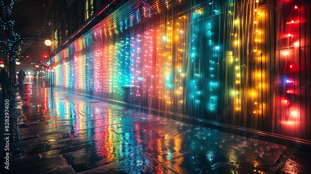 Aerial view of a futuristic city at night with red neon lights. Aerial view of a futuristic city at night with red neon lights.