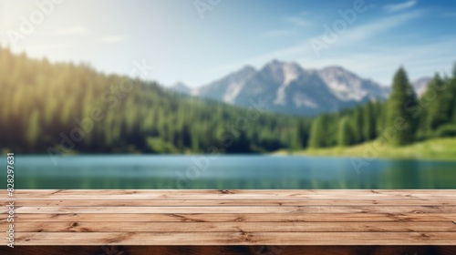 A wooden table top with blur background of summer lakes mountain.