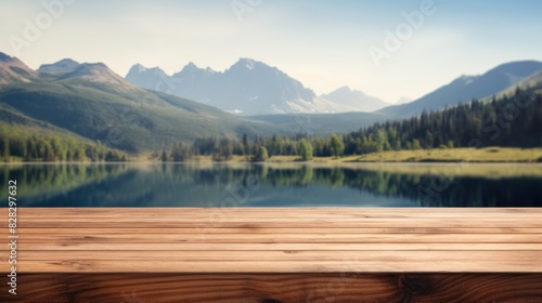 A wooden table top with blur background of summer lakes mountain.