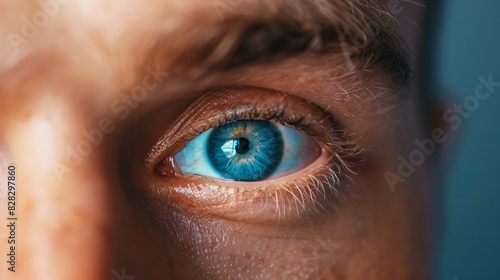 A close-up of a person's blue eye.